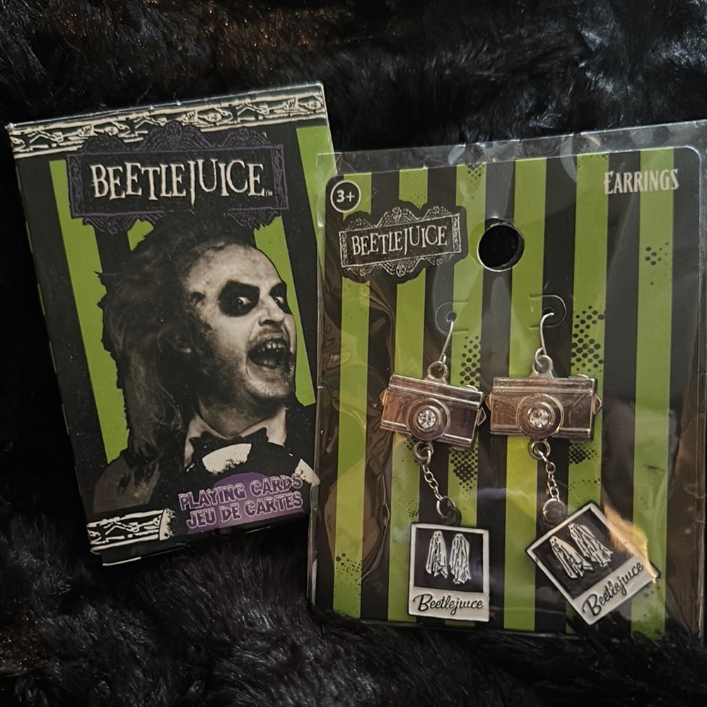 Beetlejuice Earrings and playing cards
